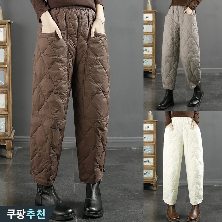 완전 편한 90kg까지 빅사이즈 여성 겨울 누빔 패딩 허리 밴딩 두꺼운 따뜻한 방한 바지 슬렉스 빈티지 배기 퀼팅 순색 웰론 패딩 아가일 외출 아우터 바람막이 간절기 큰옷 팬츠