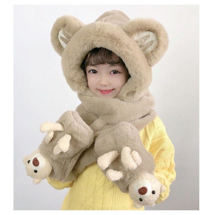 아동용 겨울 곰돌이 모자목도리일체형 장갑 목도리 모자세트