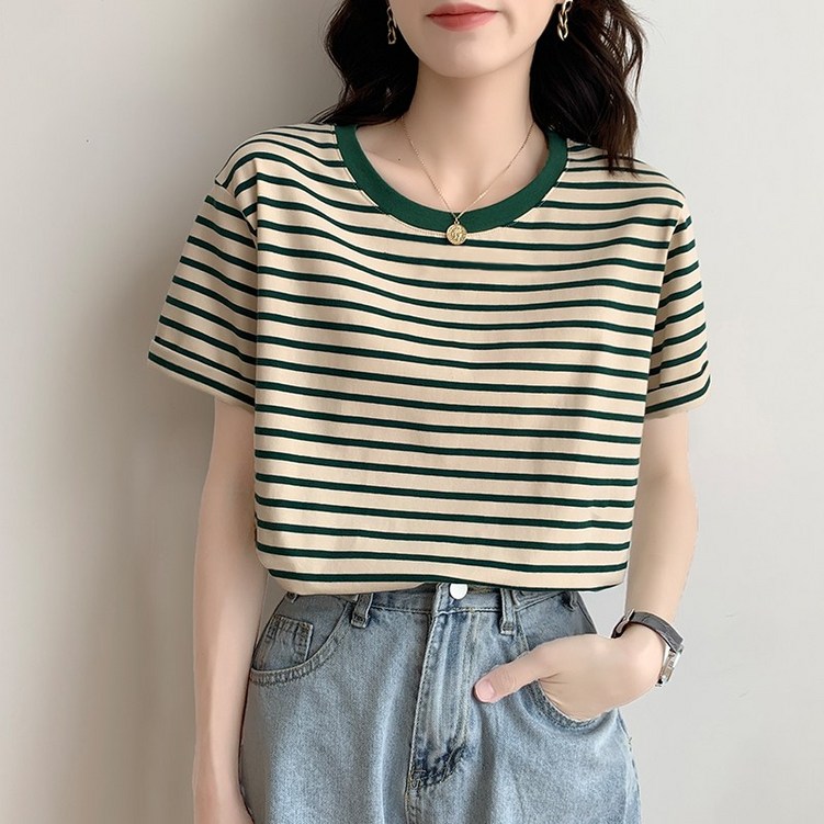 Ogfaour 여자 여름 루즈핏 라운드 스트라이프 반팔 티셔츠 O30598