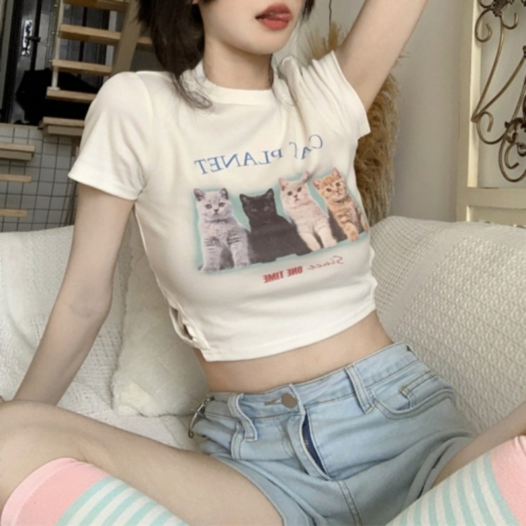 구디프 여성용 캣 프린팅 크롭 티셔츠 구디프 여성용 캣 프린팅 크롭 티셔츠