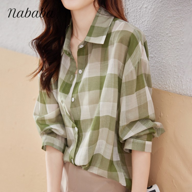 나바바 NB879 여성 캐주얼 산뜻 체크 얇은 긴팔 셔츠