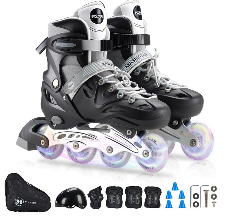 조정 가능한 인라인 스케이트 블랙 세트 헬멧 보호대 가방 성인공용, 1개