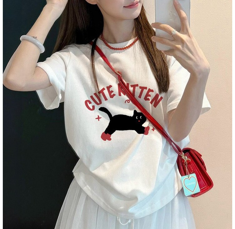 허블리 여성 프린팅 라운드넥 면 반팔 티셔츠