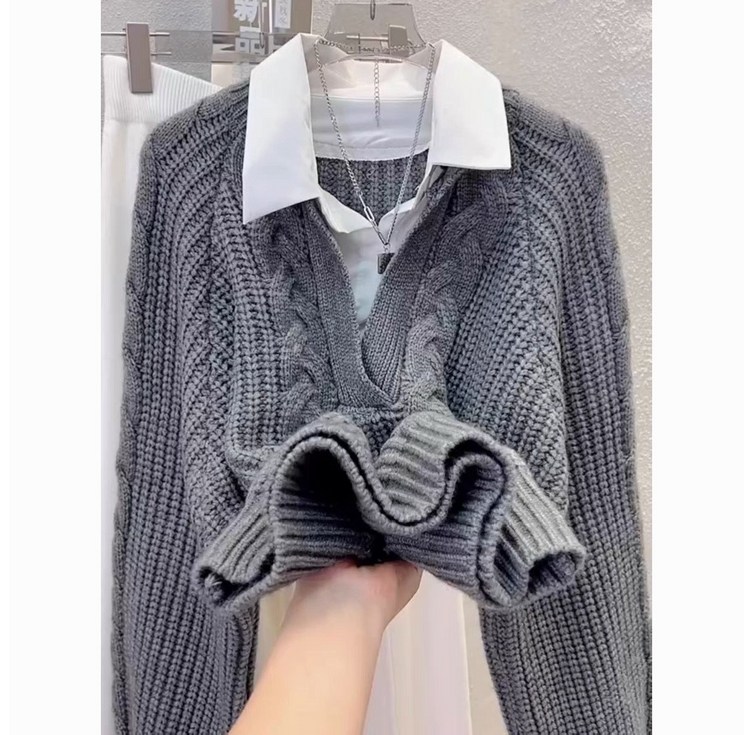 데일리 카라 니트패치 레이어드 스웨터 가을겨울 블라우스 루즈핏 꽈배기 니트 투피스 남방