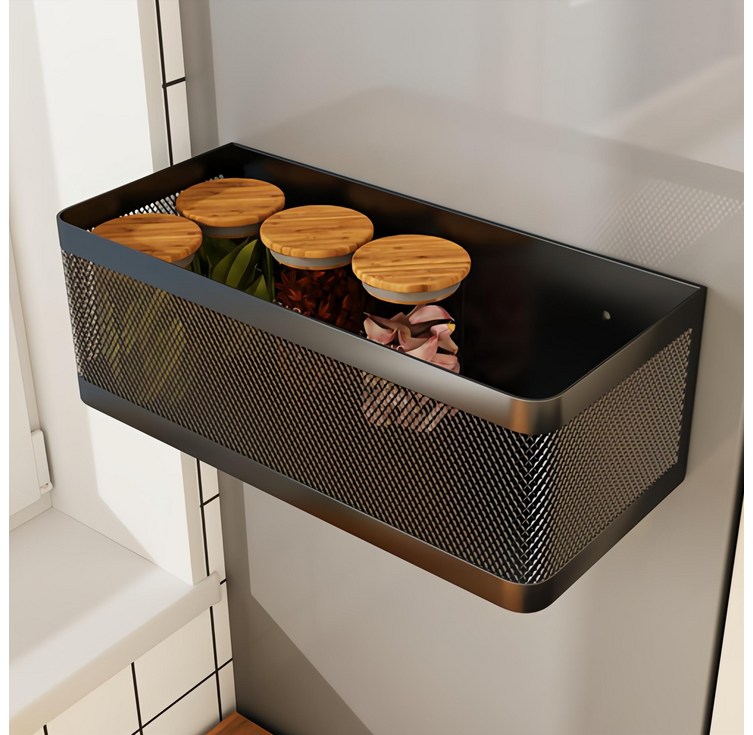 Allilio 냉장고 자석 선반 강력 강한 하중 주방 양념병 수납 선반 수납 간편 냉장고 사이드랙, 블랙