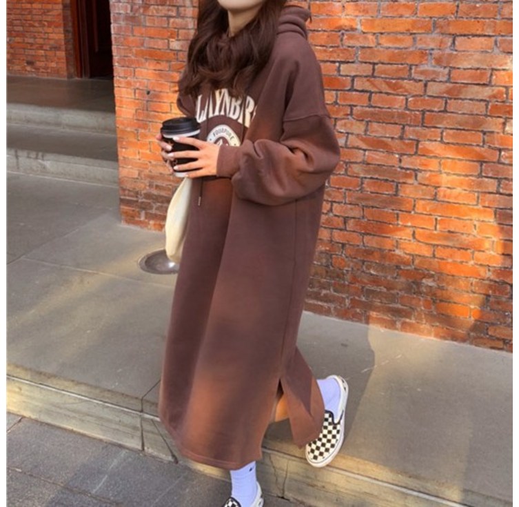 위드기프트 데일리 기모 후드 롱 원피스