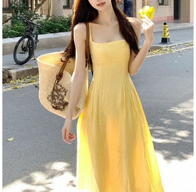 cammello 써니 옐로우 스퀘어넥 A라인 끈 나시 롱 원피스 여름 휴가룩