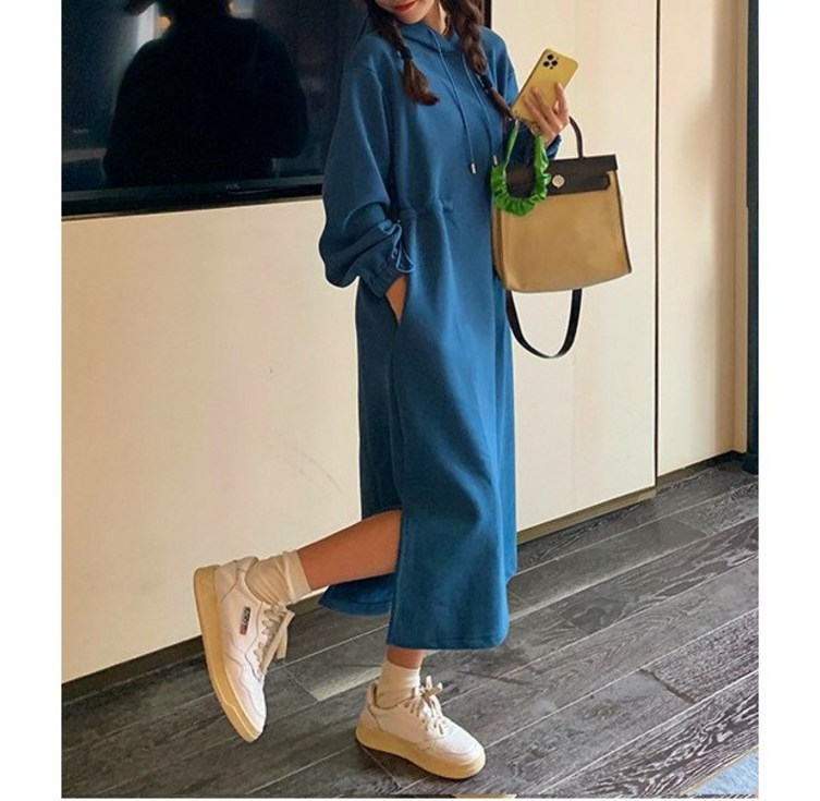 실사 올해 유행 후드 긴팔 맨투맨 원피스 여 가을 겨울 고급스러운 캐주얼 롱스커트