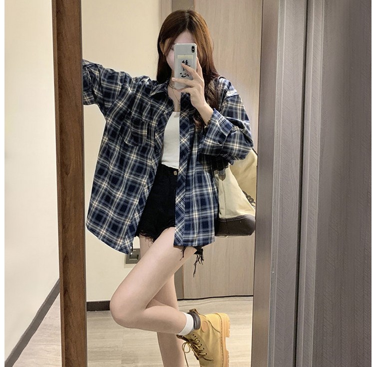 Novastar 여성 체크 남방 루즈핏 긴팔 레트로 체크 셔츠 자켓