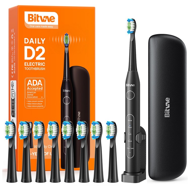 비트베이 D2 음파 전동칫솔 진동칫솔 칫솔모8개 스탠드와 휴대용 케이스 포함 Bitvae Amazon베스트, 블랙, 1개, D2