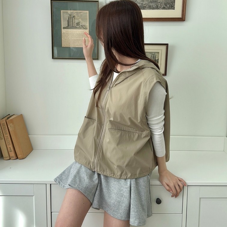 메이징 여성용 루즈핏 바스락 A라인 스트링 조끼 후드 바람막이 자켓 메이징 여성용 루즈핏 바스락 A라인 스트링 조끼 후드 바람막이 자켓