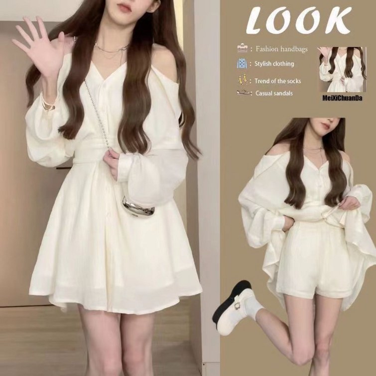 루나모드 오프숄더 디자인 여름용 블라우스 숏팬츠 내장 원피스 세트K0064