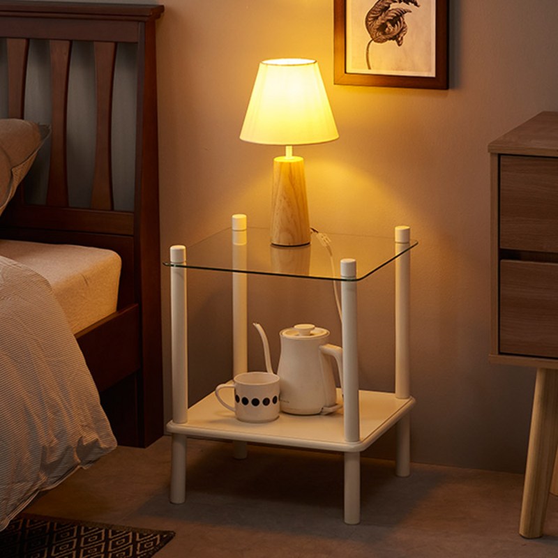 파로마 아이리스 원목도장 강화유리 사각 협탁 사이드테이블, 크림화이트