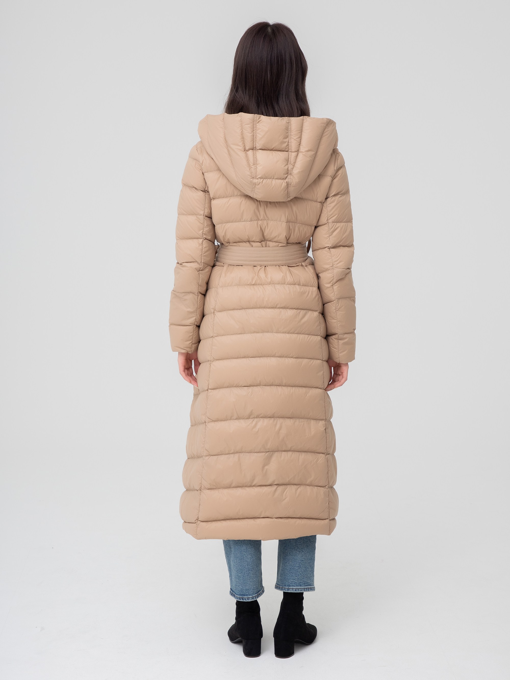 캐럿 여성용 경량 덕다운 오리털 랩 후드 롱 코트 - thumb image