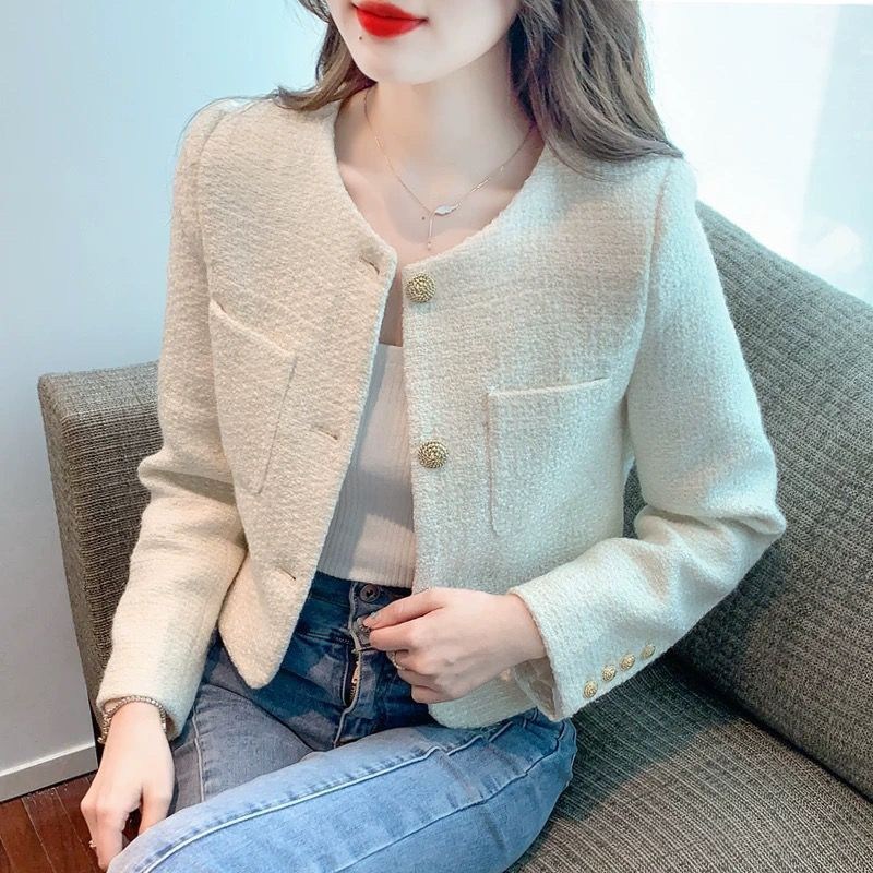 ANYOU 여성 봄 가을 패션 숏 트위드자켓 캐주얼 데일리 긴팔 트위드자켓 - thumb image